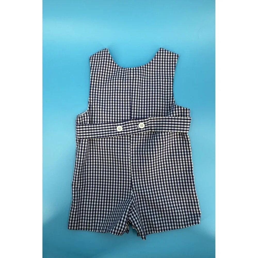 Kelly’s Kids Boys 12M Navy Gingham Monogram Shortall Jon Jon Romper NWOT Vintage